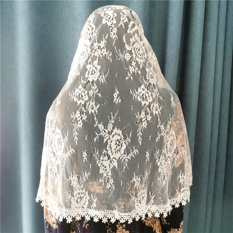 Marfim macio floral laço Mantilla véus para mulheres, cabeça cobrindo envoltórios com clipe de cabelo, véus longos católicos, missa da igreja