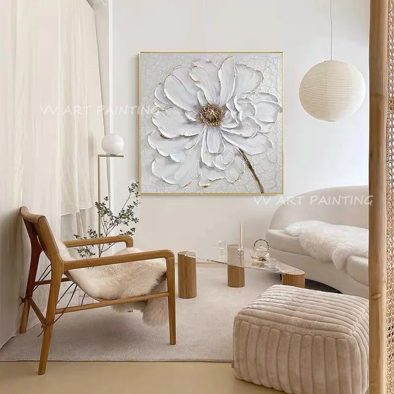 Handmade Abstract thick knife white flower landscape Oil Painting Canvas Wall Art Pictures Cuadros  Decoration