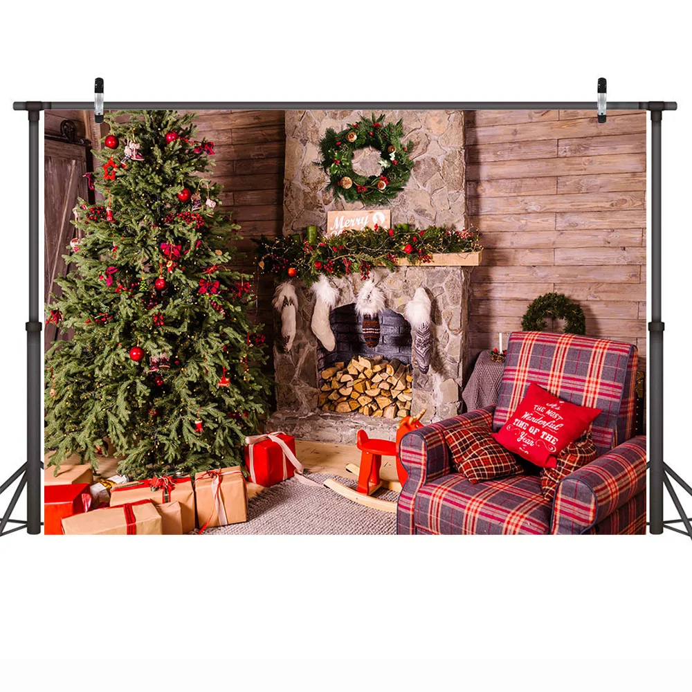 Inverno Natale Camino Ritratto Sfondo fotografico Finestra di neve Torta Smash Sfondo Alberi di Natale Buon Natale Photocall