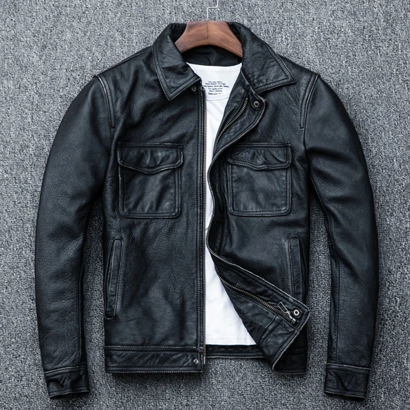 

American Casual Wear Vintage Black Moto Jecket Genuine Leather Jacket Stone-mill Washed Cowhide Leather Heavy Weight Cotton Coat