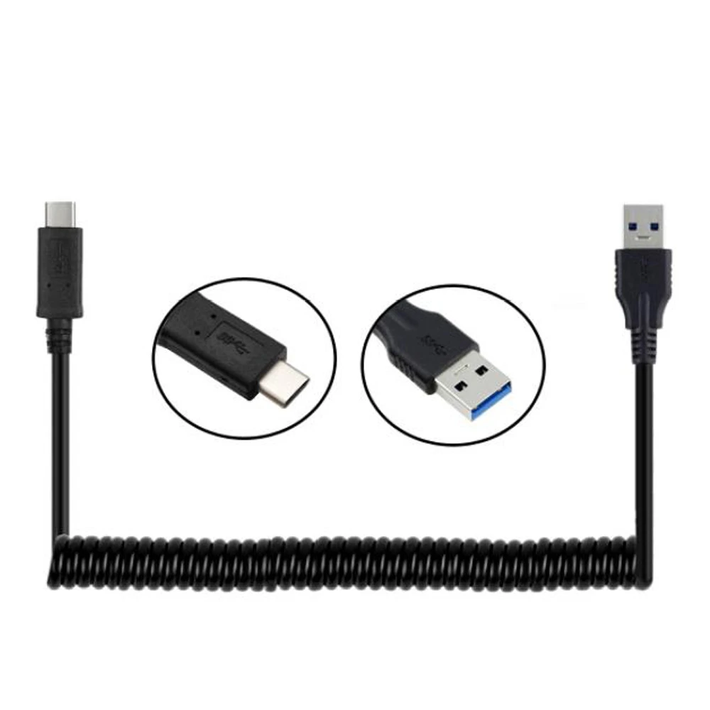 High quality Black 1.5M USB3.1 Type C Spring retractable line high speed USB Type-C male to male USB 3.0 transfer date cable