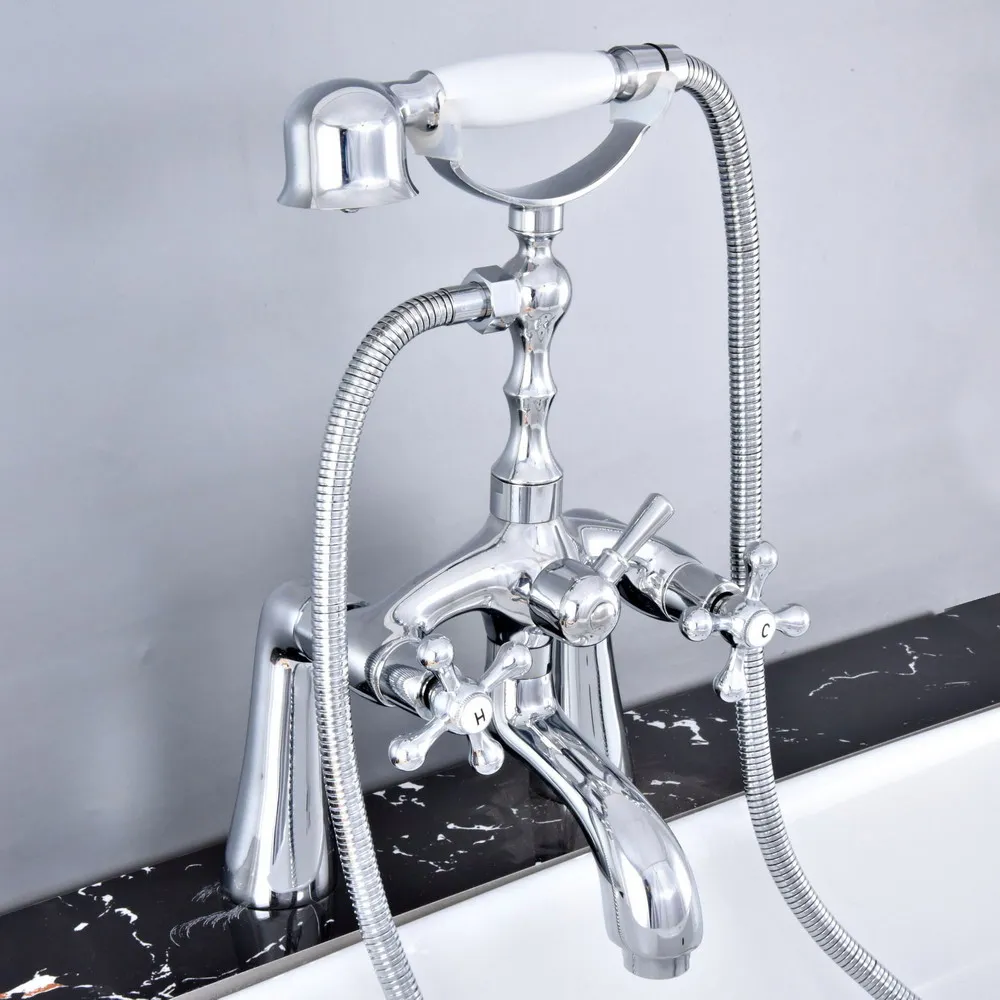 

Deck Mounted Polished Silver Chrome Brass Bathroom Tub Faucet Set with 150CM Handheld Shower Spray Head Bath Mixer Tap 2tf755