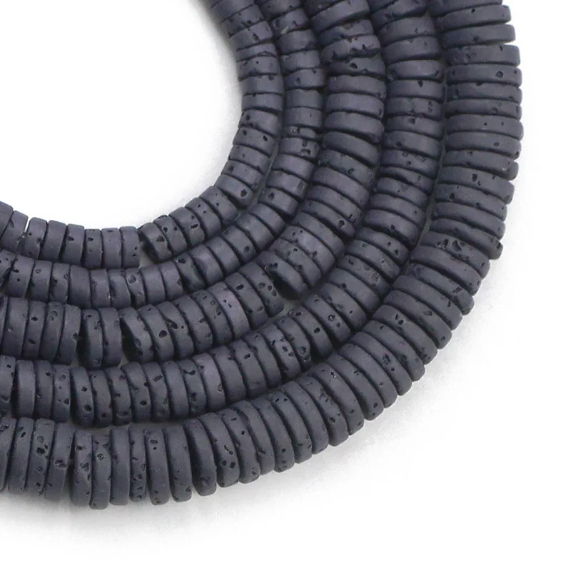 Natural Black Volcanic Lava Stone Beads  4 6 8mm Flat Round Rock Loose Spacer Beadsfor Jewelry Making DIY Bracelets Necklace15\'\'