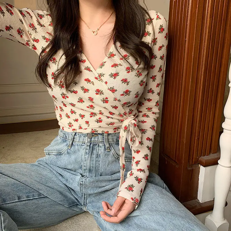 Floral T-shirts Women Spring Trendy Retro Long Sleeve Basic Soft All-match Elegant Ladies Clothing  Ulzzang College Tops