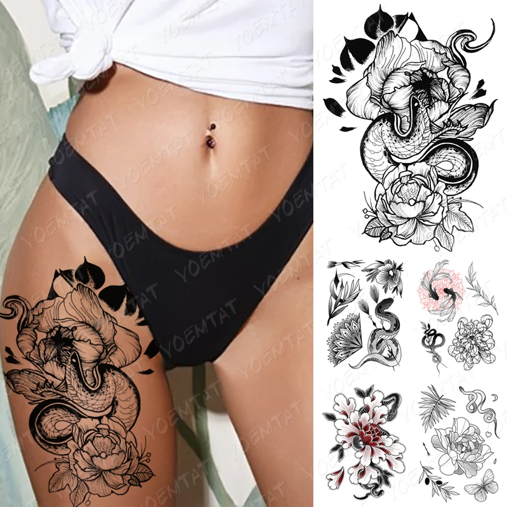 Waterproof Temporary Tattoo Sticker Dark Snake Peony Flower Koi Old School Flash Tatto Women Men Body Art Arm Thigh Fake Tattoos