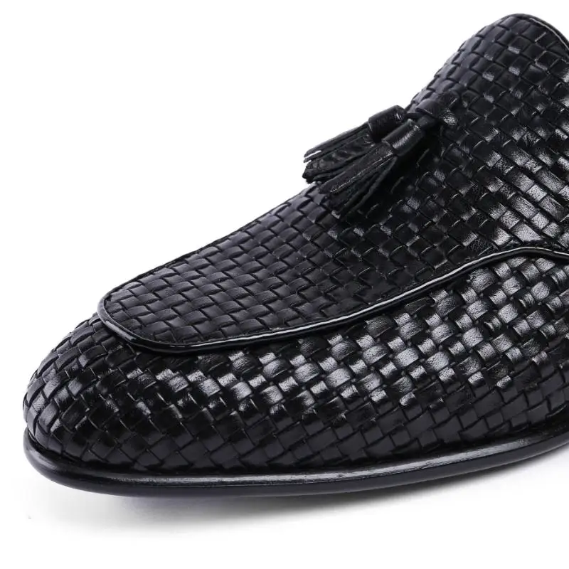 Quality Cow Leather Weave Business Casual Shoes Men Tassel Slip On Dress Shoes Mens Summer Black Brown Career Office Work Shoes