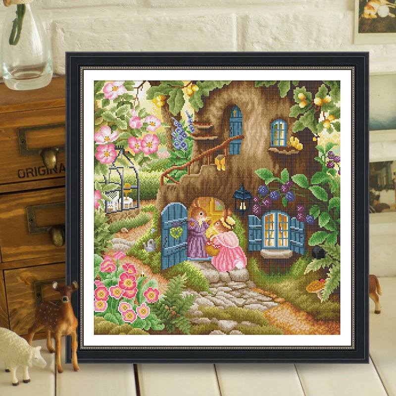 

Print Cross Stitch Kit Children's Cartoon Pattern Garden House, Rabbit Cross Stitch Package, Christmas Wall Decor, 11CT