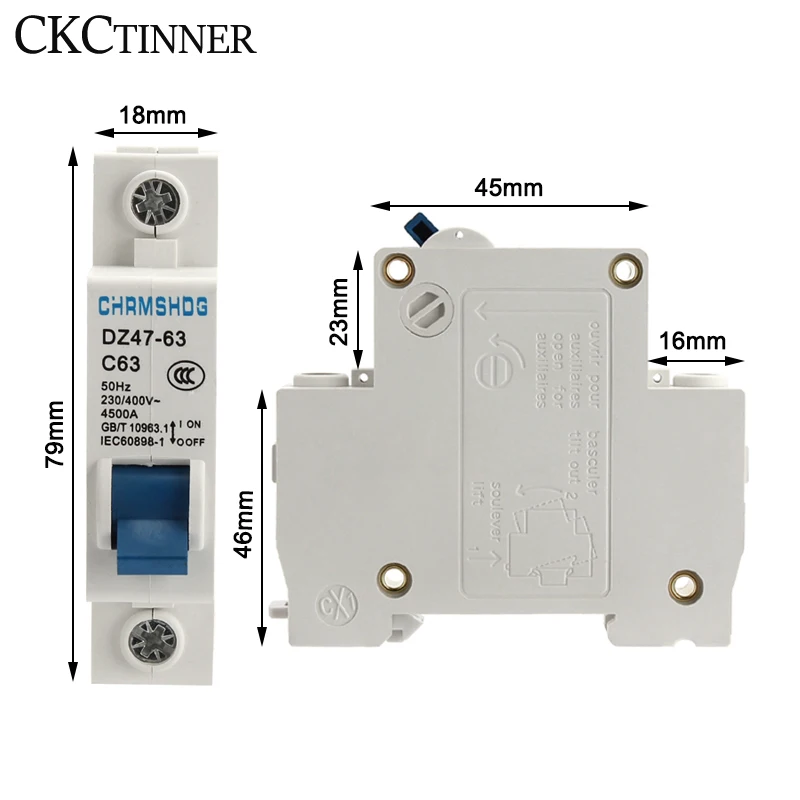 DZ47-63 1 Pole 6A/10A/16A/20A/25A/32A/40A/50A/63A230/ 400V C Type Mini Circuit Breaker MCB 35mm Din Rail Mount Breaking Capacity