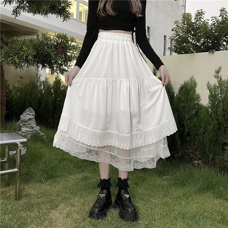 Y2k Rok Berlipat Tulle Gothic Rok Midi Tidak Beraturan Jahitan Renda Hitam Rok Panjang Pinggang Tinggi Antik Wanita Hip Hop Solid Korea