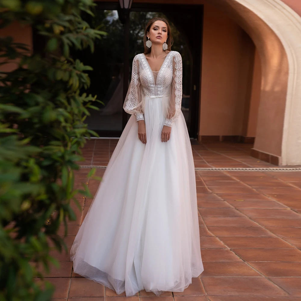 Vestido de novia personalizado con mangas farol, cuello en V, encaje bohemio, tul, vestido de novia, tren de barrido, cremallera trasera