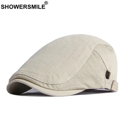 SHOWERSMILE Cotton Mens Beret Hat British Style Newsboy Solid Beige Black Navy Khaki Spring Summer Flat Cap Adjustable 55-60cm