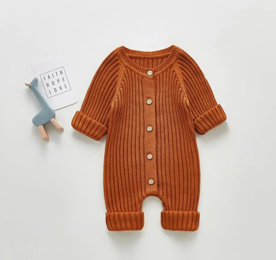 New Winter Fall Baby Kids Cotton Warm Rompers Solid Color Long Sleeve Button Knitted Swearter Rompers Warm Baby Clothing 2023