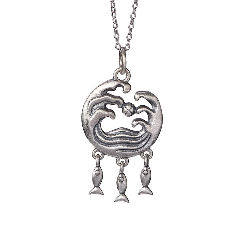 

Real S925 Sterling Silver Retro Hollow Sea Wave Tassel Ladies Clavicle Chain Pendant