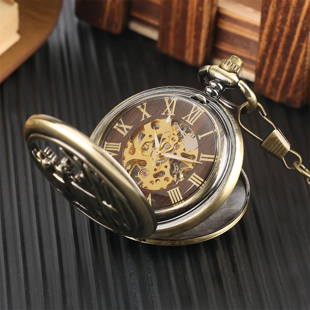 Bronze Manual Machinery Pocket Watch Classic Elk Pattern Roman Numerals Dial Double Hunter Pendant Hand Winding Timepiece Clock