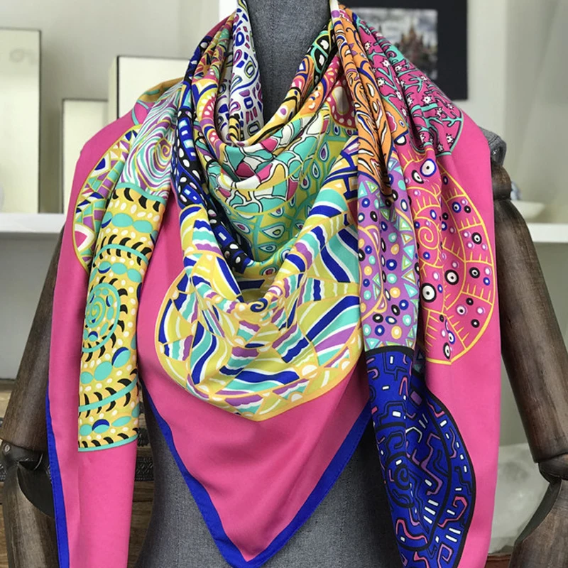 2020 New Fashion Women Geometric Bandana Silk Scarf Luxury Brand Female High Quality Foulard Silk Wraps Shawls Scarves 130*130cm