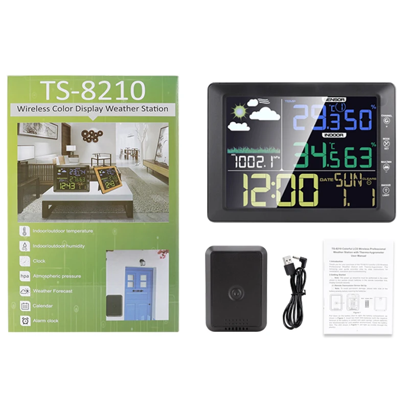 TS-8210 Wireless Color Screen Weather Station Clock Indoor Outdoor Temperature Humidity Meter Forecast Sound Control -40-60C