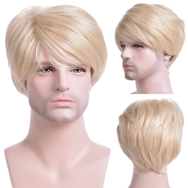 Peluca sintética marrón para hombre, pelo corto dorado degradado para Cosplay diario, pelucas naturales resistentes al calor realistas, transpirables