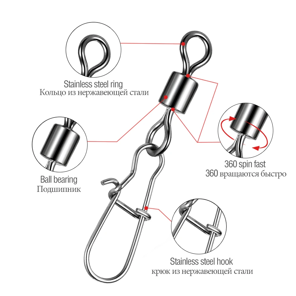 50PCS Pike Fishing Accessories Connector Pin Bearing Rolling Swivel Stainless Steel Snap Fishhook Lure Swivels Tackle