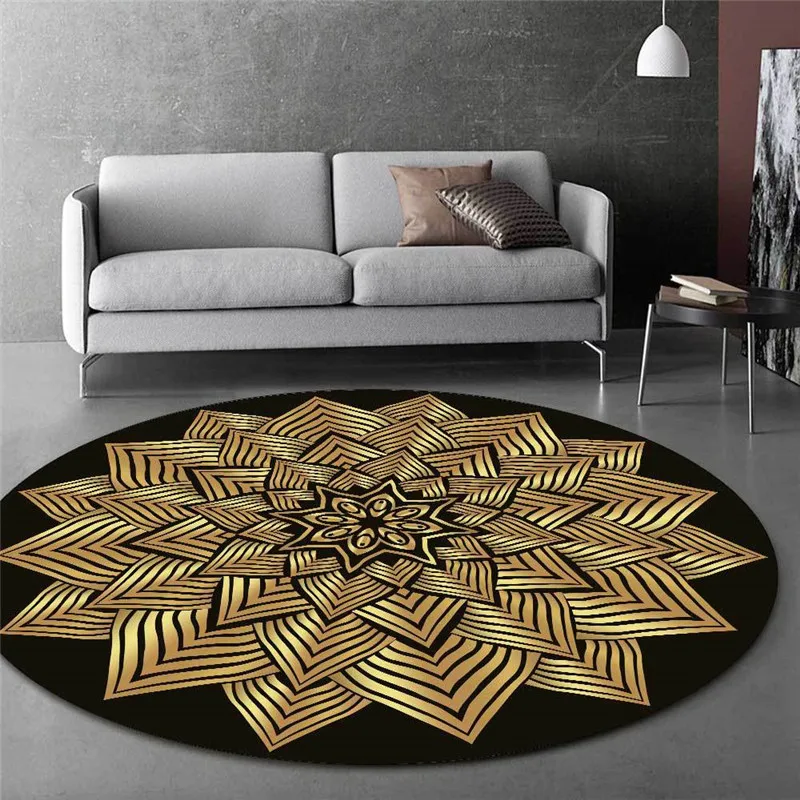 

Golden Geometric Flower Round Carpet Floor Mat Lotus Carpets For Living Room Chair Anti-slip Rug Bedroom Decor Tapis