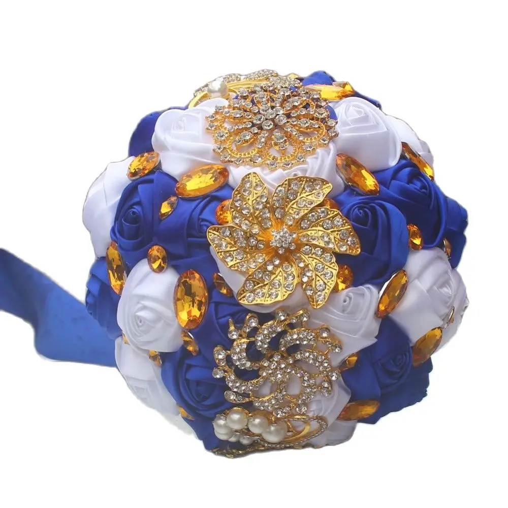 WifeLai-A Gold Brooch Hand Holding Flower Bouquets Custom Royal Blue Ivory Bridal Bridesmaid Crystal Silk Wedding Bouquet  W227