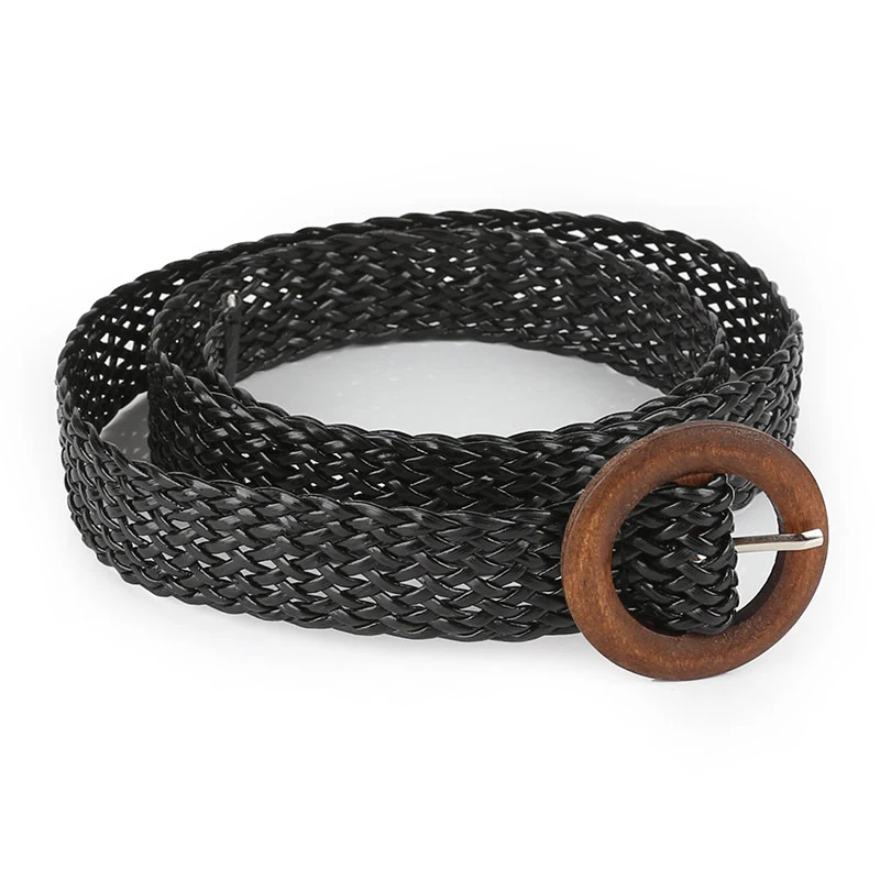 Fake Straw Knitted Round Square Buckle Waistband Breathable Hollow Elastic Decorative Wide Belt Woven Belt Women Braid Belt