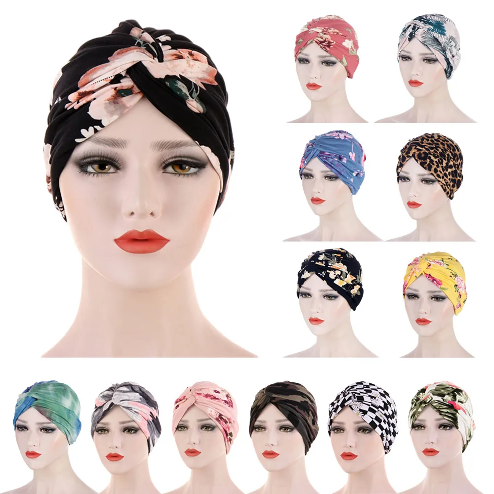 Indian Twist Knot Muslim Women Print Hijab Inner Cap Turban Beanies Hat Head Wrap Caps Headwear Bonnet Hair Loss Cover Headscarf