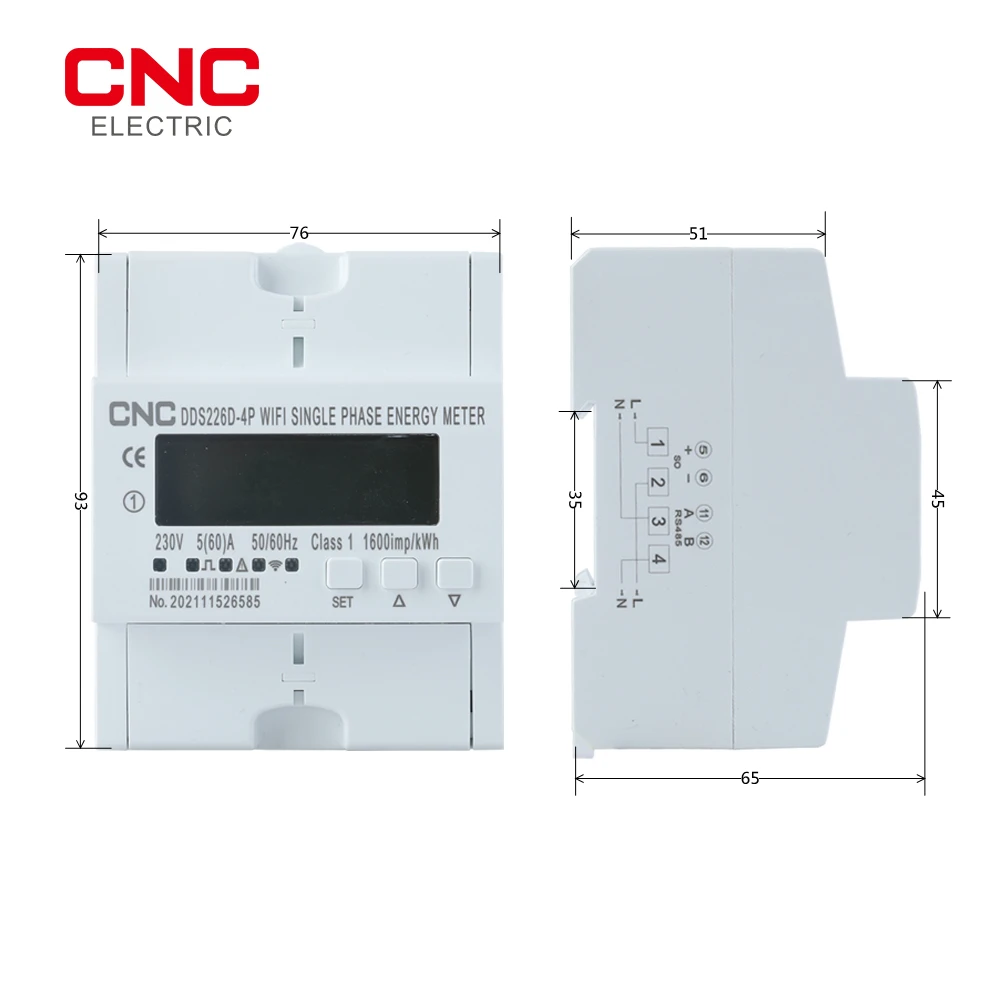 CNC DDS226D-4P RS485 Single Phase WIFI Smart Energy Meter Monitoring Circuit Breaker Timer with Voltage Current Protection