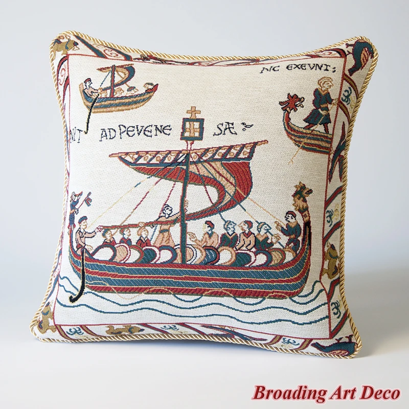 Medieval Tapestry Pillow Cushion Cover - Bayeux, Jacquard Weave Home Textile Decoration Cotton 100% Double Sided Size 45x45cm