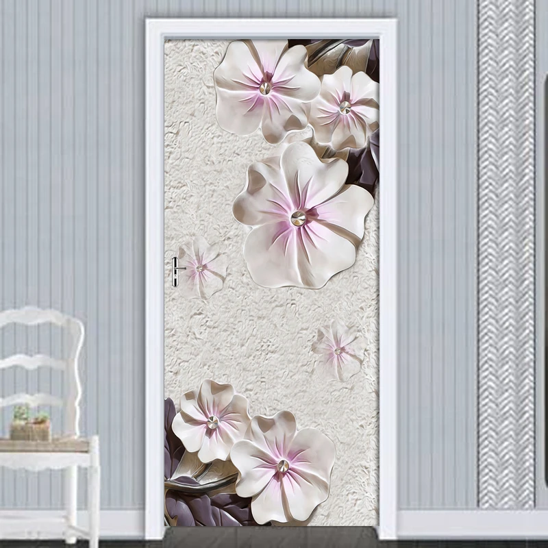 

PVC Self-adhesive Door Sticker Purple Embossed Flowers Photo Wallpaper Mural For Living Room Door Home Decor 3D Papel De Parede