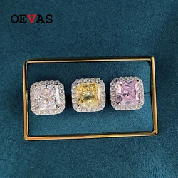 OEVAS 100% 925 Sterling Silver 7*7mm Pink Yellow High Carbon Diamond Stud Earrings For Women Sparkling Wedding Fine Jewelry Gift