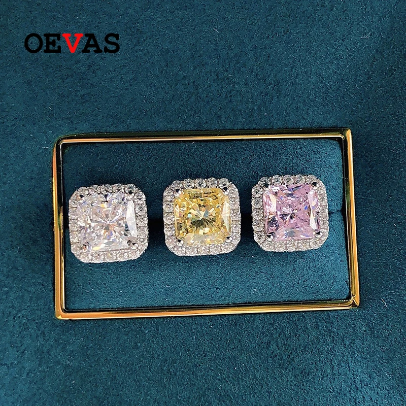 OEVAS 100% 925 Sterling Silver 7*7mm różowy żółty High Carbon diamentowe kolczyki sztyfty dla kobiet musujące mała biżuteria ślubna prezent