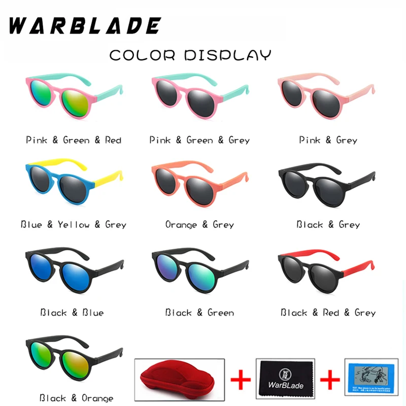 

WarBLade Kids Sunglasses Children Round Polarized TR90 Sun Glasses with Car Case Girls Boys Colorful Silicone Baby Gafas UV400