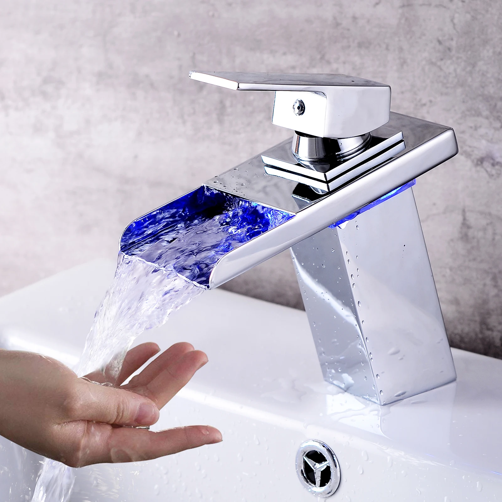 OUGOO LED Light Bathroom Sink Faucet, 3 Colors Changing Waterfall Spout, Hot and Cold Water Mixer, Single Hole