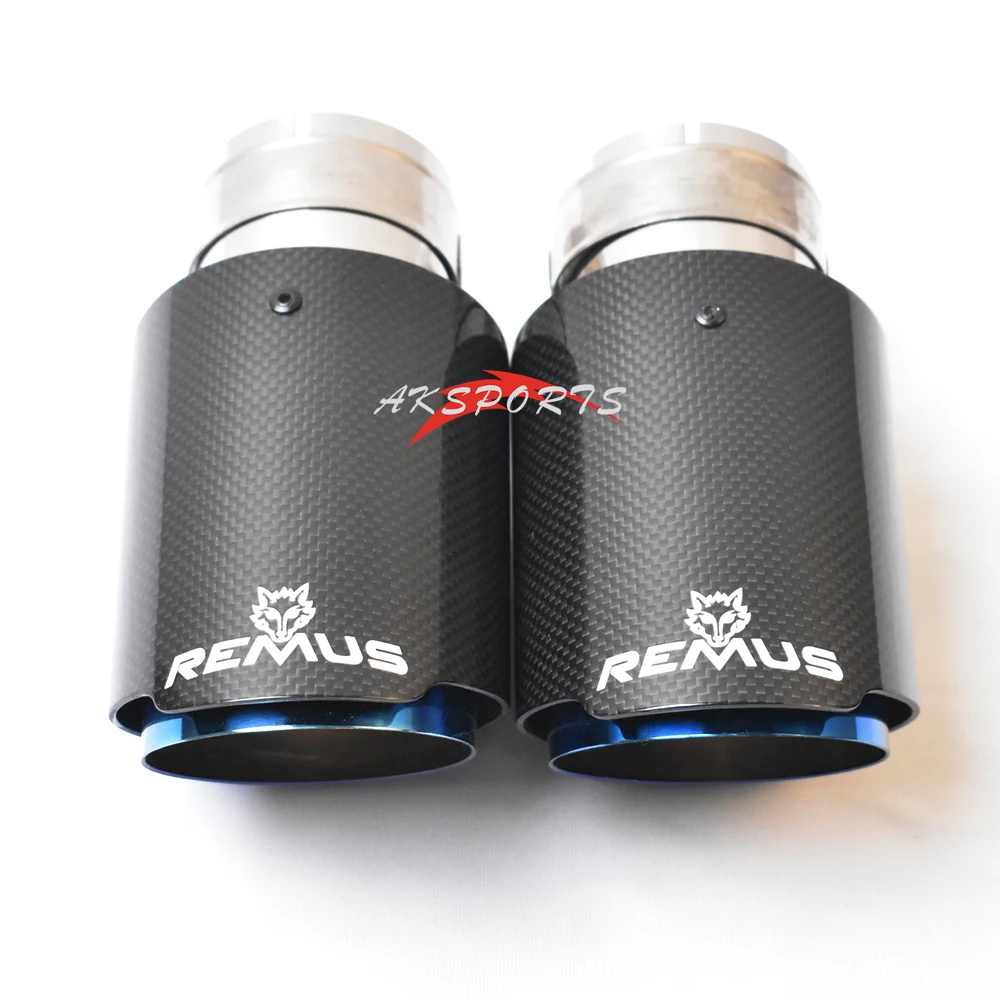 1PC Car Exhaust Pipe Straight Flange Glossy Carbon Tail End Tip Blue Stainless Steel Muffler Pipe With Remus Logo