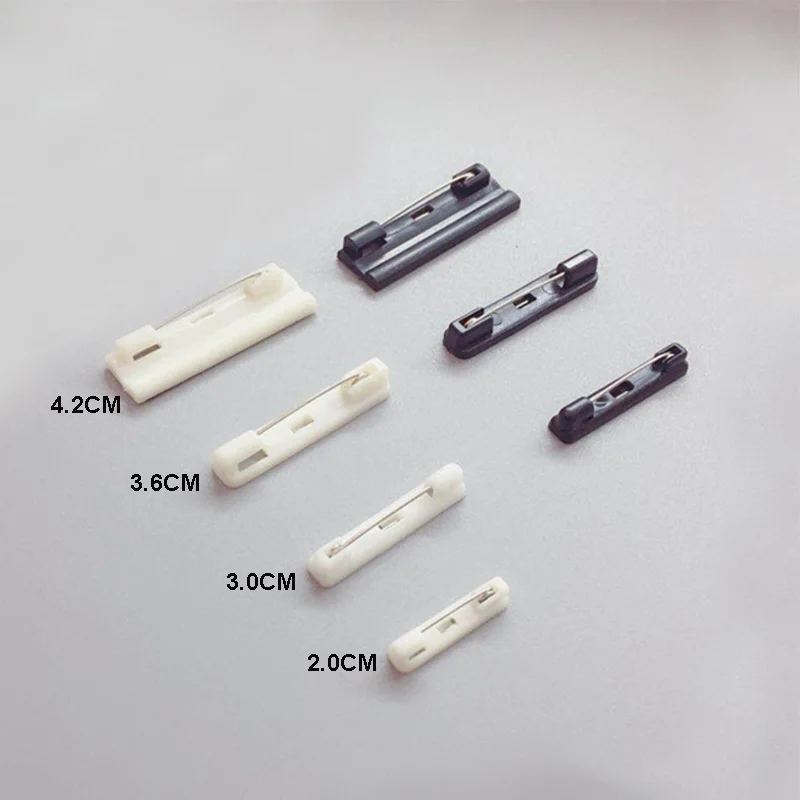 200PCS 3.0cm 2.0cm 3.6cm 4.2cm White Black Plastic Brooch Base Pin backs Plain Safety pins for DIY Badges Corsages