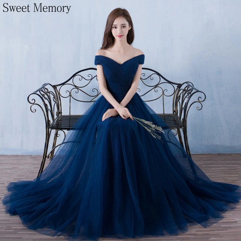 U10338 Custom Made Color Size Pink Navy Royal Blue Evening Dresses Girl Boat Neck Prom Long Tulle Robe Bride Wedding Guest Dress