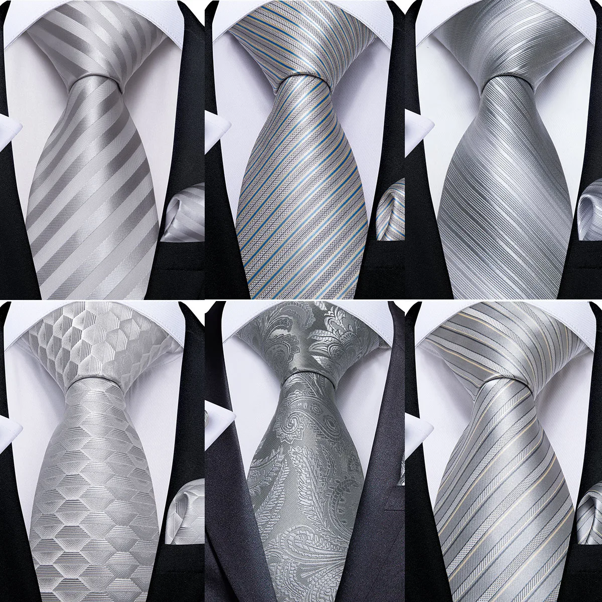 

DiBanGu Mens Ties Silver Striped Silk Wedding Tie For Men Hanky Cufflinks Tie Set Fashion Designer Bussiness Party Dropshipping