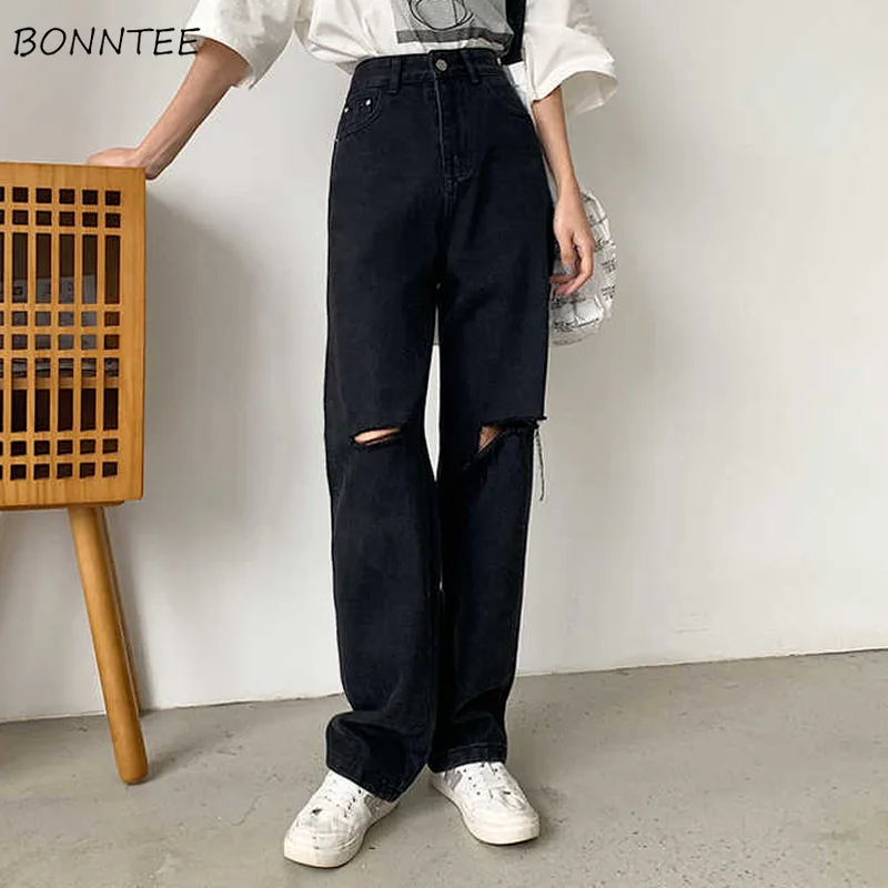 

Jeans Women Wide Leg Street Black Simple Holes Daily College All-match Korean Style BF Washed Trousers Female Retro High Waist