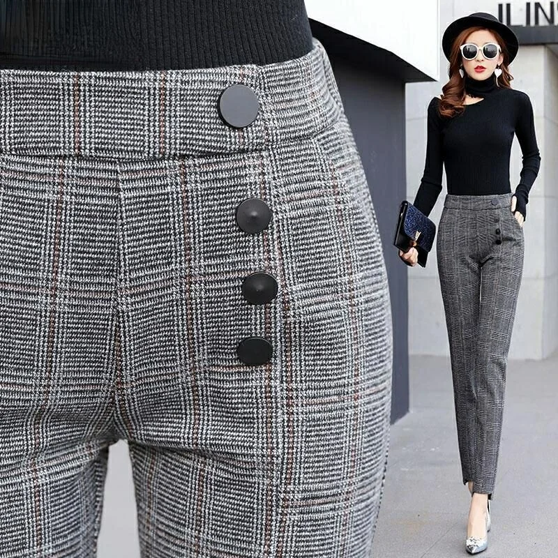 Spring/Summer Simplicity Plaid Harem Pants Women's Casual Trousers Ankle-Tied Female Commuter Straight Loose Plus Size Suit Pant