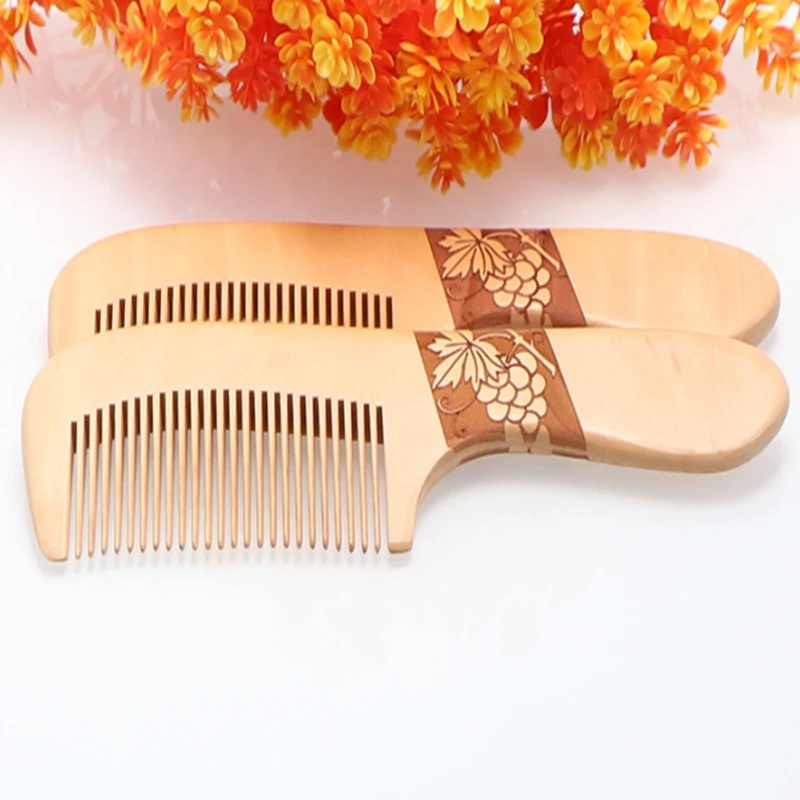 100pcs/lot Customized Engraved Your Logo Natural Peach Wooden Comb  with handle Anti-static Beard Combs Pocket Wood Combs