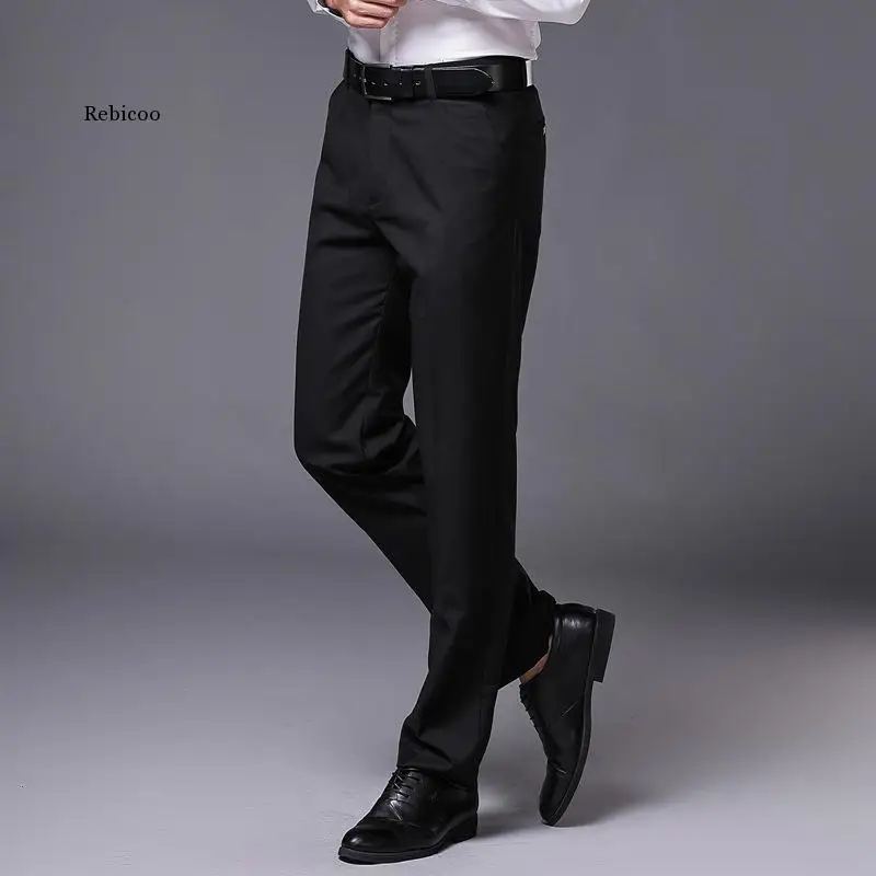 Mens Slim Fit Straight Dress Pants Flat-Front Causal Trousers Male Business Formal Wine Red