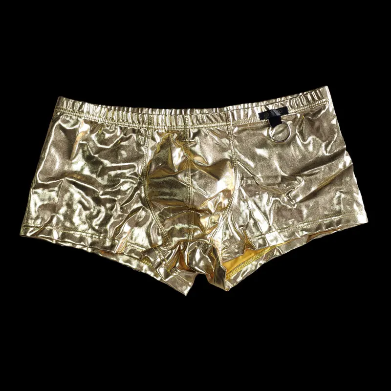 Sexy Men Faux Leather Cock Ring Boxer U Convex Pouch Shiny Boxers PU Sexy Underwear Sheathy Male Stage Gay Wear Plus Size F10