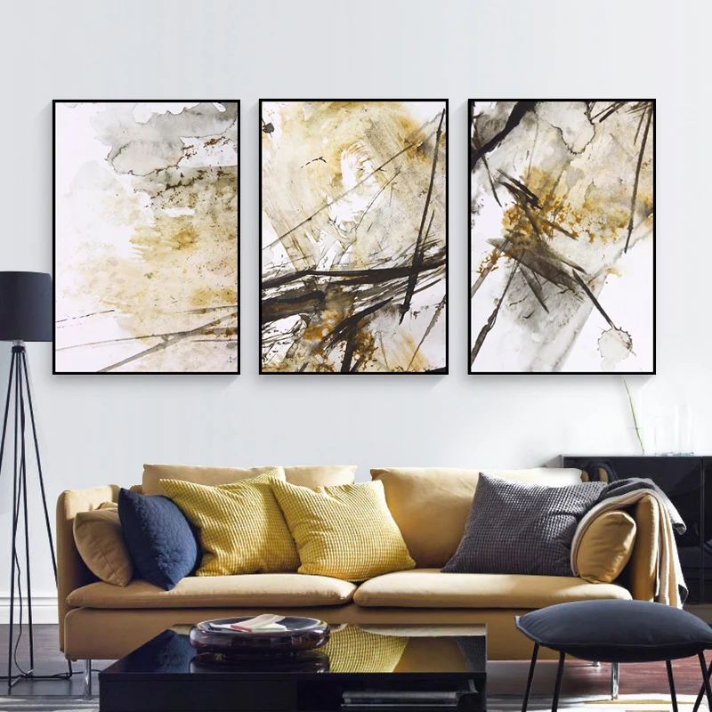 

Watercolor Realism Abstract Wall Art Canvas Golden Color Posters Minimalist Painting Modular Pictures for Living Room Home Decor