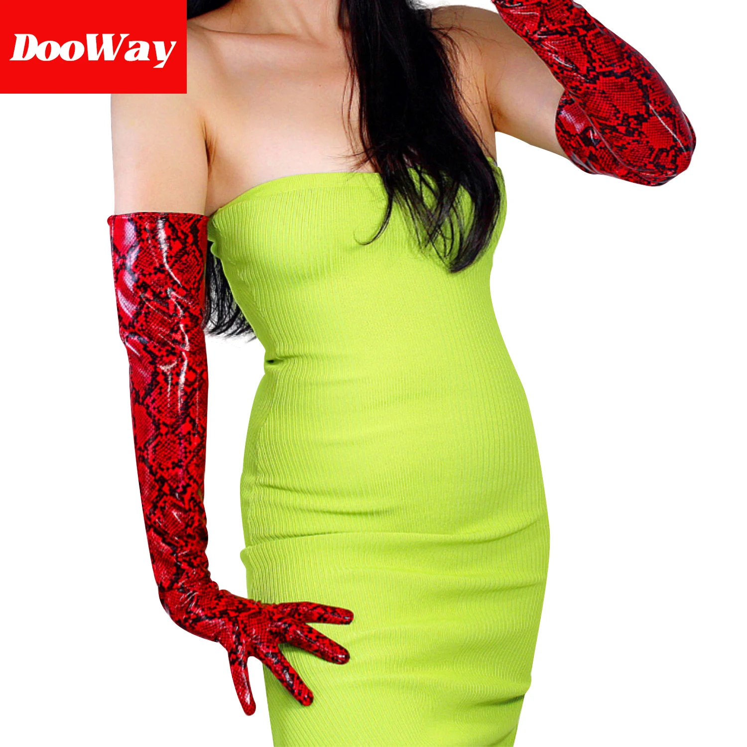 DooWayWomen Snake Gloves Fashion Shiny Red Latex Long Leather PU Wet Look 60cm gomito Opera Animal Print Python Snake Red Carpet