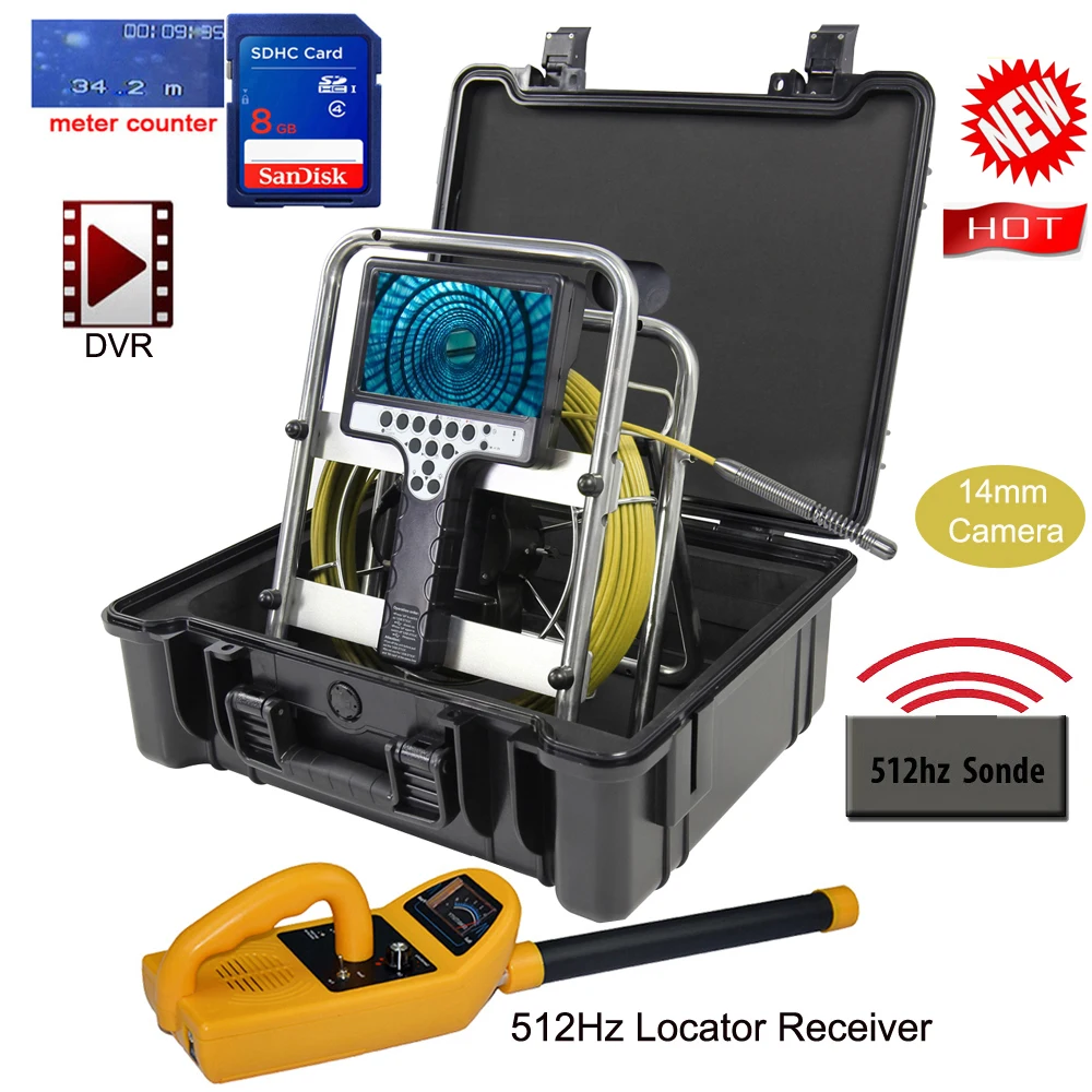 

14mm 512hz Locator Pipe Inspection Camera System Drain Sewer Duct Detection Video Camera 7'Screen DVR Hard Cable Meter Counter