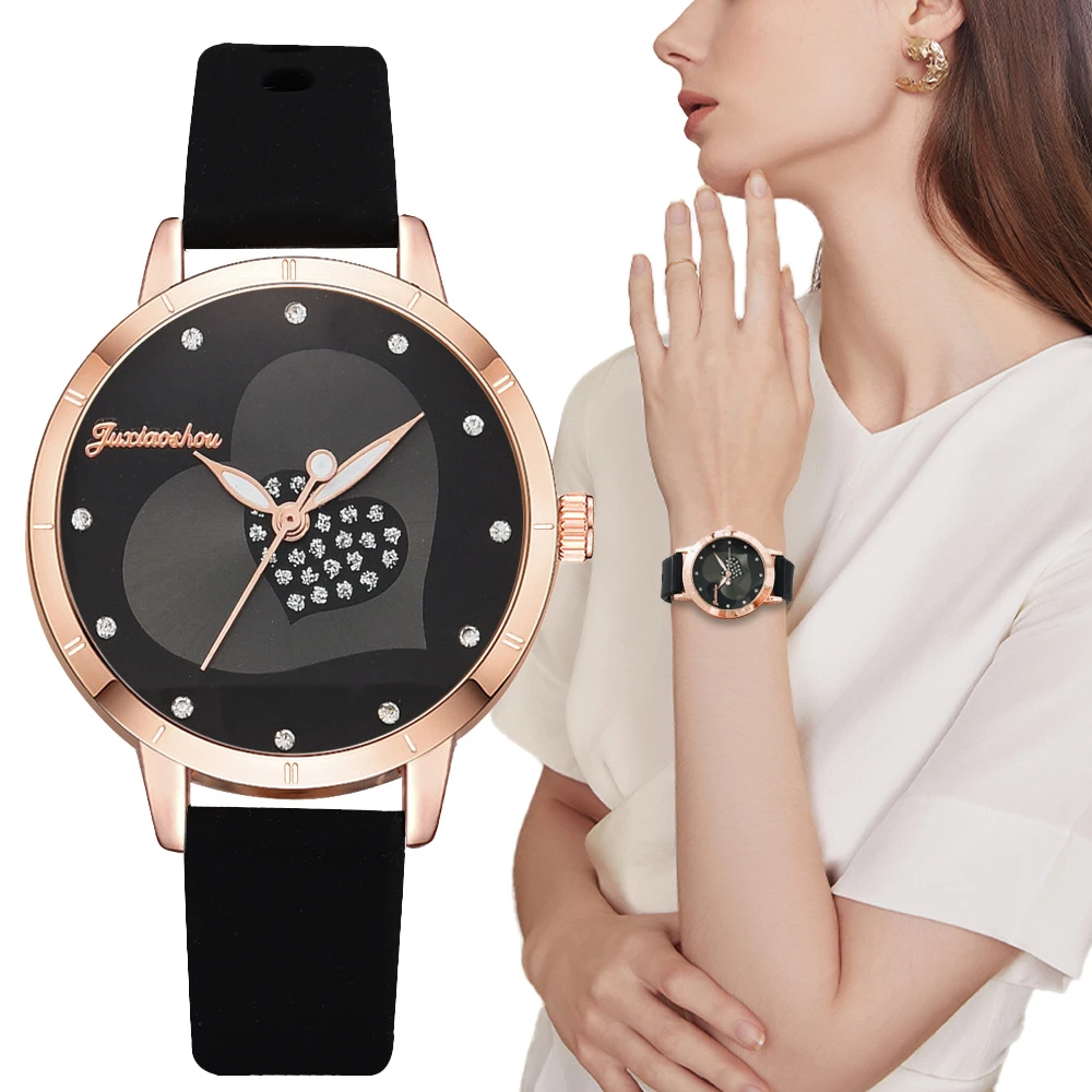 

Fashion Women Watches Simple Heart shaped crystal Ladies Quartz Wristwatches Fresh Female Black silicone Clock Kobieta Zegarek