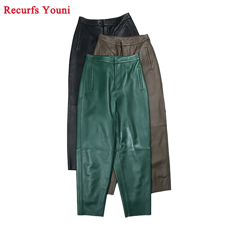 Stylish Winter New Women Genuine Leather Radish Harem Pants Female 100% Real Sheepskin Green/Grey Nine-Point Trousers Ropa Mujer