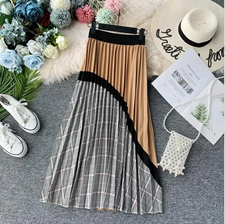 Mode Geplooide Rok Metallic Lastic Taille Gebogen Plaid Stiksels Contrast Rok Elascity Casual Party Vintage Rok