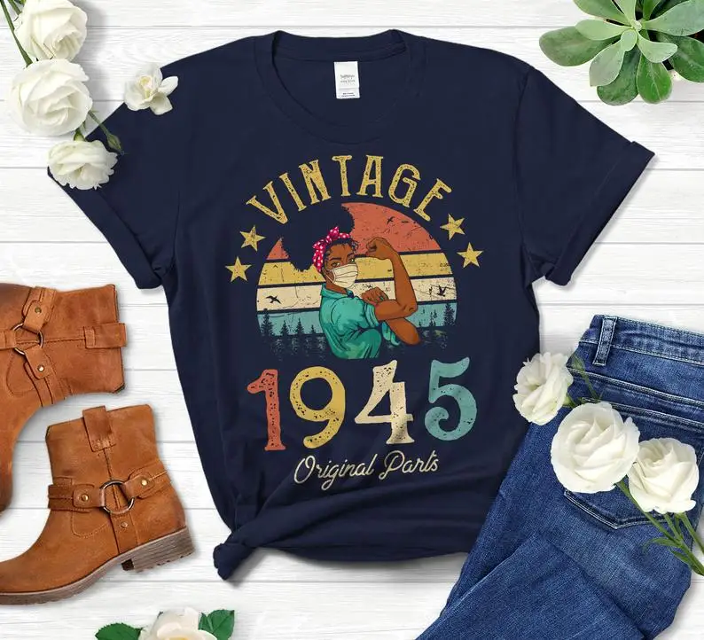 Vintage 1945 oryginalne części T-Shirt afroamerykanin kobiety z maską 76th prezent urodzinowy moda Harajuku unisex odzież Tees