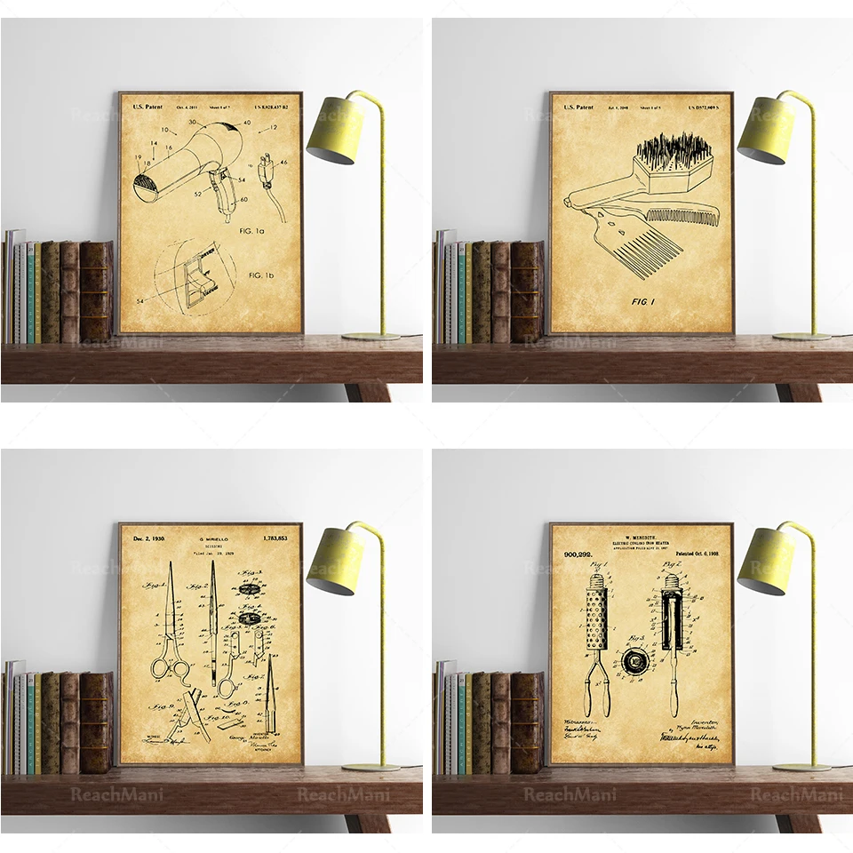 4 pieces of hair stylist patent set, hair curler patent, scissors poster, hair dryer art, lady hair brush, beauty gift